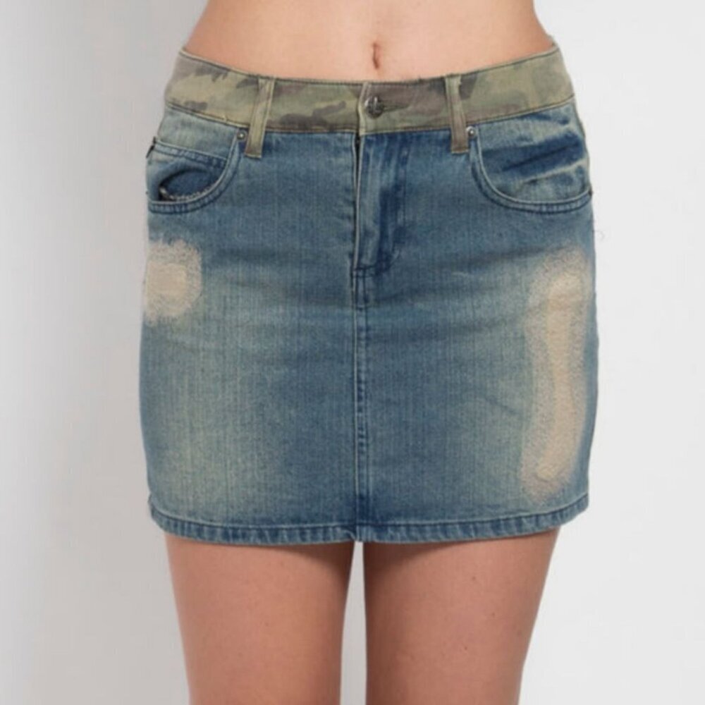 Tripp NYC ✦ Split Front Mini Skirt ✦ Distressed Denim Camo Twill Hybrid Sz M NWT